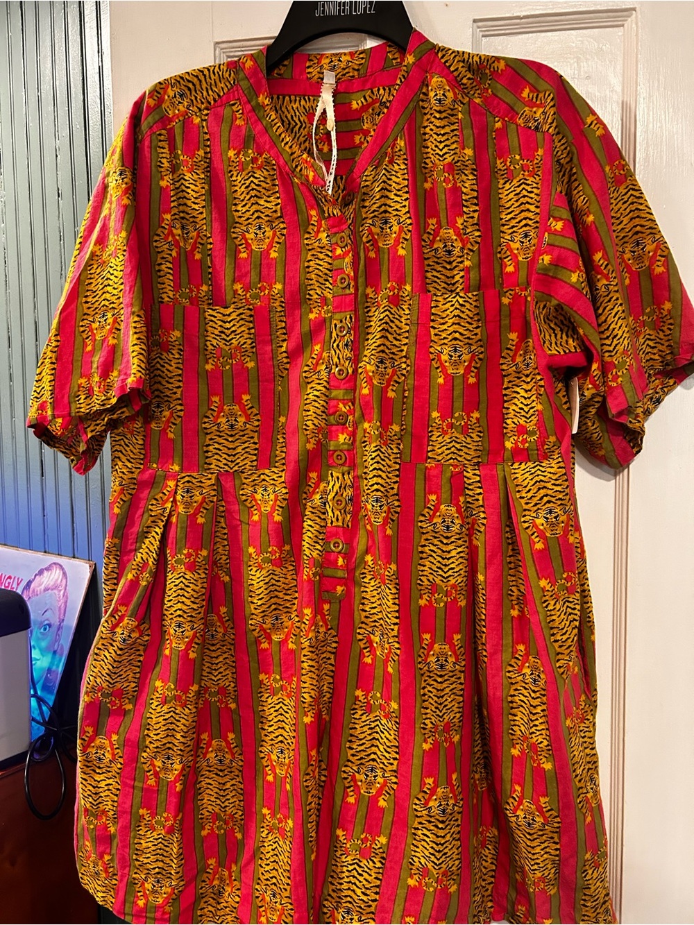 Button-Front Tiger Stripe Print romper - pink, green, yellow, uncle Frank